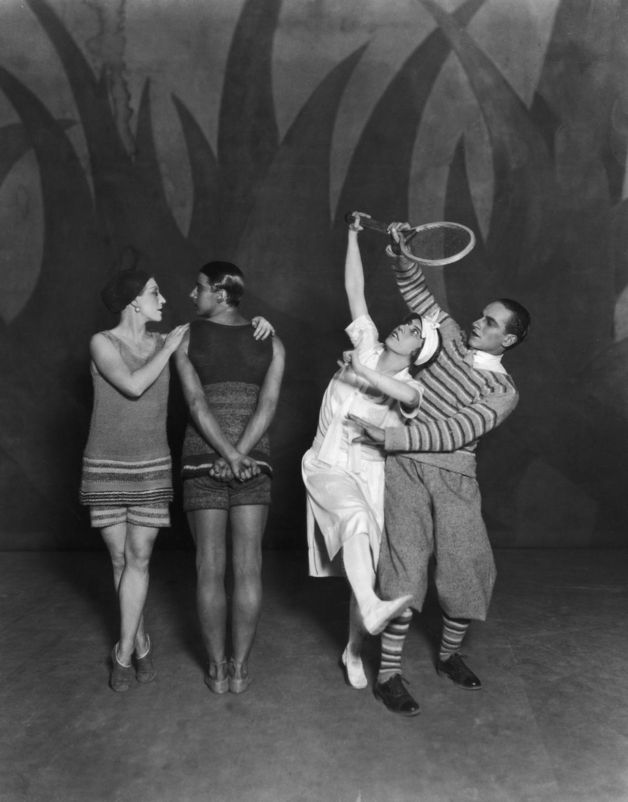 Lydia Sokolova, English dancer and choreographer Anton Dolin, Bronislava Nijinska and Leon Woizikowsky after the first performance of 'Le Train Bleu' in Britain, at the Coliseum Theatre, London, 1924. Photo: © Victoria and Albert Museum, London. © Sasha/courtesy Getty Images