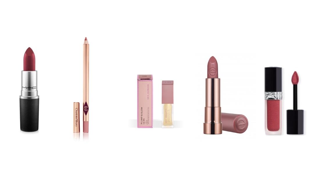 MAC Diva lipstickCharlotte Tilbury, Pillow Talk lip LinerHey Beauty lip oilEssence hydrating nude lipstick 303 DELICATEDior, Rouge Dior Forever Liquid Sequin Transfer-Proof Glittery Liquid Lipstick