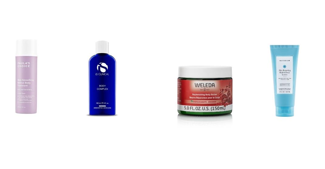 Retinol Skin-Smoothing Body Treatment,&nbsp; Paula’s Choices Body Complex, iS ClinicalWeleda Replenishing Body ButterNaturium Skin-Renewing Retinol Body Lotion