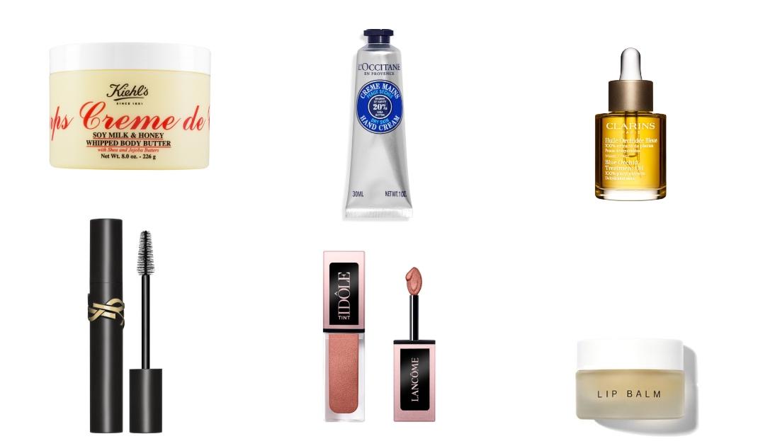 Kiehl's, CREME DE CORPS SOY MILK &amp; HONEY WHIPPED BODY BUTTERL'Occitane, SHEA BUTTER ONE-MINUTE HAND SCRUBClarins, SANTAL TREATMENT OILYSL, Lash Clash MascaraLancome, Idole lip tintDr. Barbara Sturm Lip Balm