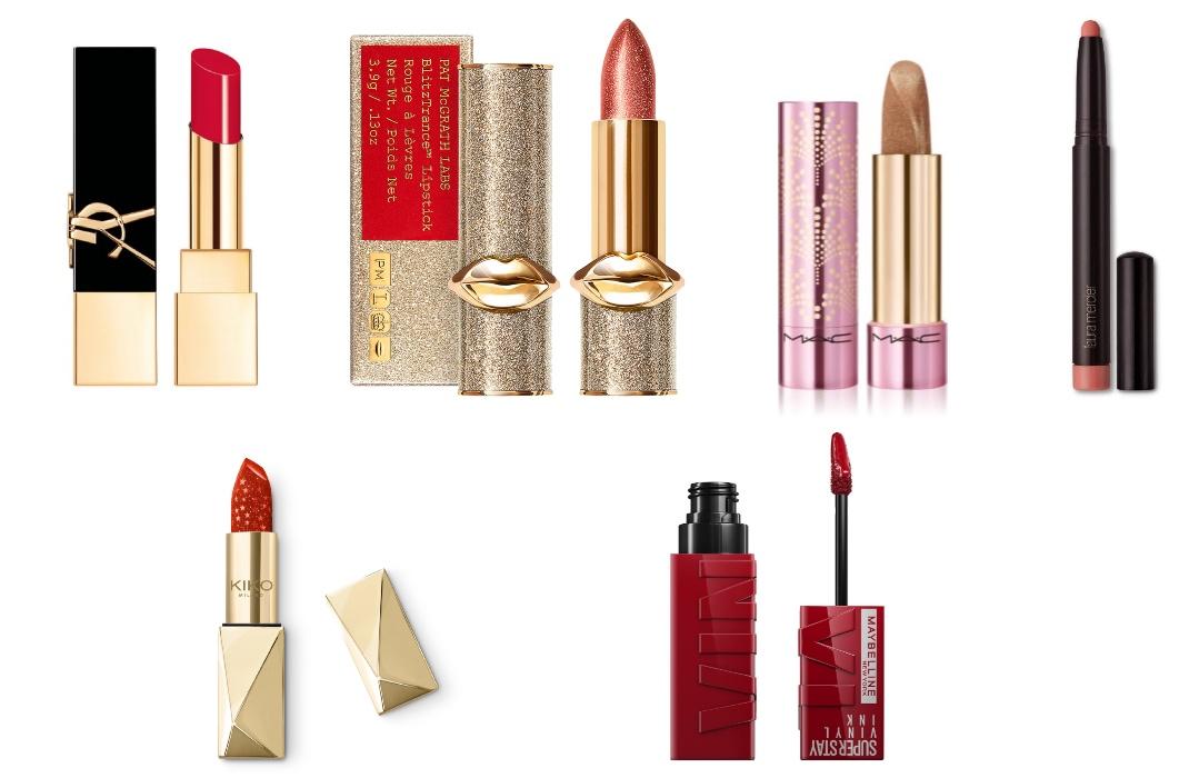 YSL Rouge Pur Couture The Bold LipstickPat McGrath Labs BlitzTrance LipstickMAC Cosmetics, Fizzy feels lip balm, bubbles-bowsLaura Mercier, Velour Extreme MatteKiko Milano, Holiday Gems Diamond Dust LipstickShimmer Lipstick, Maybelline Superstay Vinyl Link 10-lippy